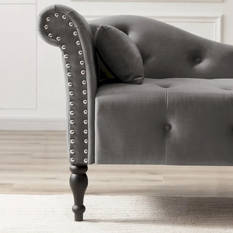Chaise longue moderne de 154 cm avec revêtement en velours, boutons capitonnés, pieds en bois massif et clous de tapissier