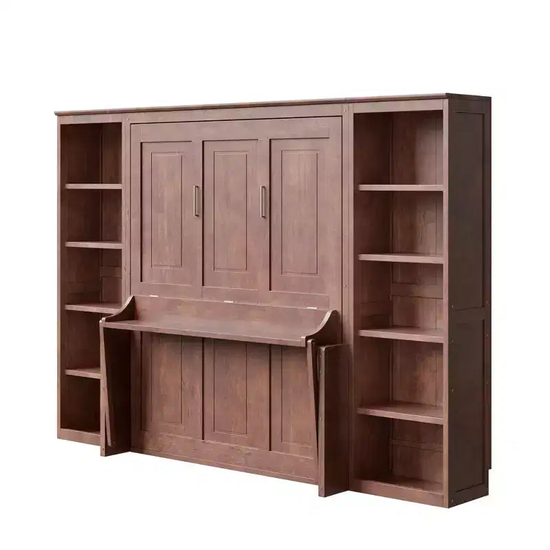 Full/Queen Size Murphy Bed Space-Saving Wall Bed with Desk and Bookshelf, Dark Brown - ModernLuxe