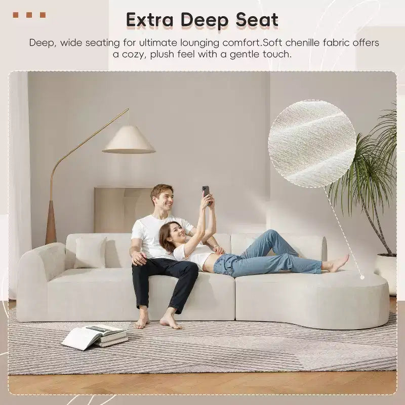 Canapé d'angle moderne incurvé de 355 cm avec méridienne, ensemble 3 pièces, pour salon