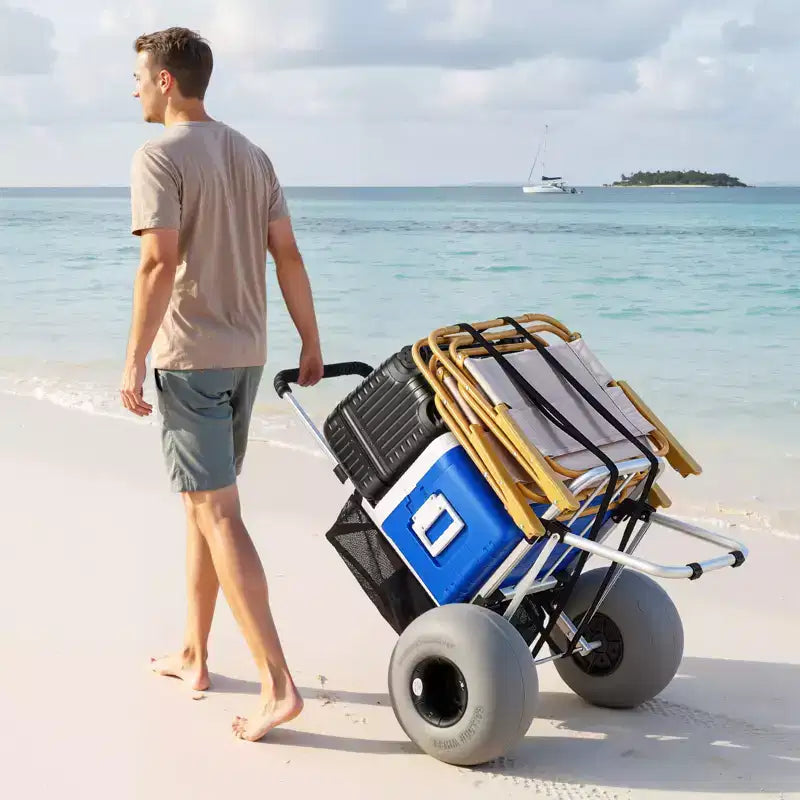 Chariot de plage VEVOR avec grandes roues pour le sable, plateforme de chargement 50,8 x 38,1 cm, chariot de sable pliant avec 2 roues ballon, capacité de charge 75 kg, argenté+noir