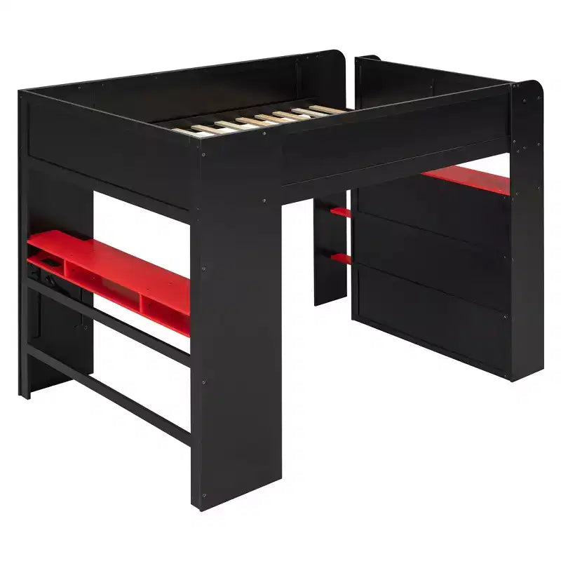 Luxystar Full Size Loft Bed With Lighted Adjustable Desk, Open Wardrobe and Bookcase