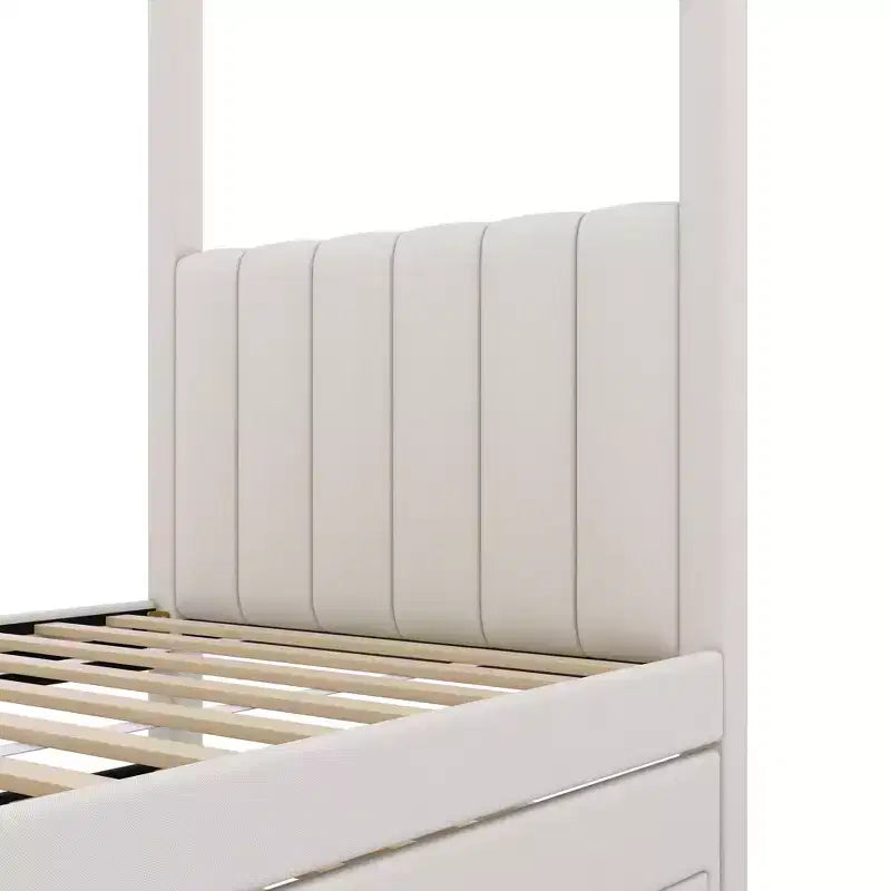 Full Size Linen Upholstery Canopy Platform Bed with Trundle and Three Storage Drawers