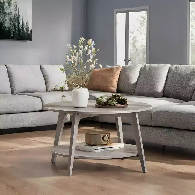 Honey Brown Round Coffee Table with 2 Tiers of Storage, Measuring 31.5 x 17.7 Inches, Ideal for the Living Room
