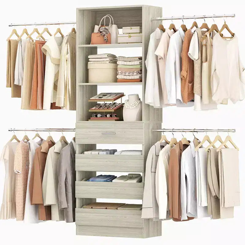 Besiost 4-9 Ft Wooden Closet Organizer System with 4 Drawers, 4 Hanging Rods & Shelving Towers