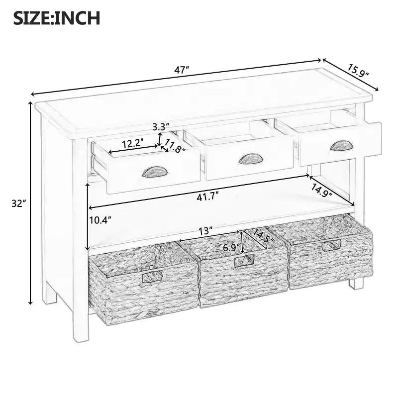 Entryway Console Table with Storage, Farmhouse Hallway Table with 3 Drawers and 3 Water Hyacinth Baskets for Living Room or Foyer - Panipeachy