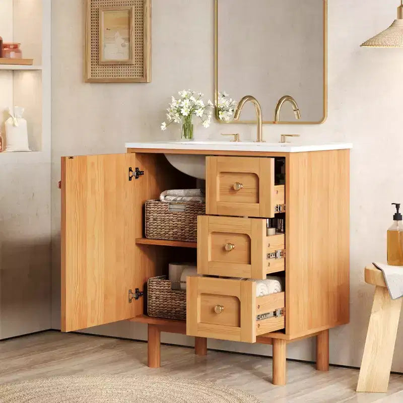 JVNOXK Meuble sous-vasque rustique moderne en céramique de 30 pouces avec 3 tiroirs et 1 grande porte à fermeture douce, meuble de rangement, grain de bois naturel