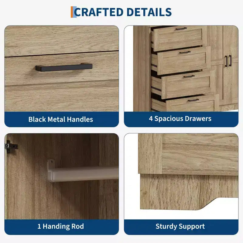 43.3 H Wood Armoire Wardrobe Closet with 4 Drawers & Hanging Rod, Multifunctional Bedroom Clothing Storage Cabinet Dresser