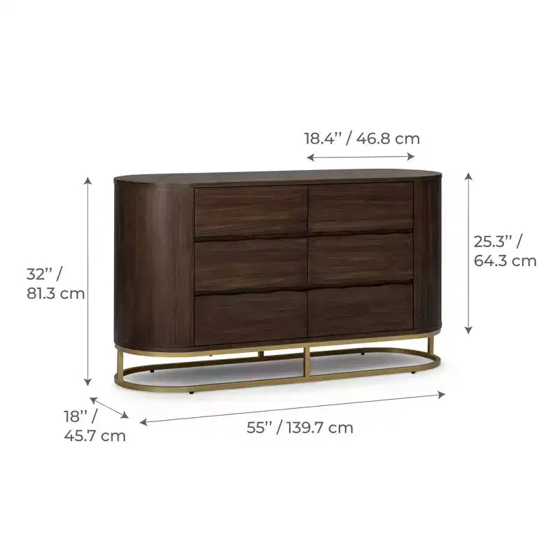 Modern 6-Drawer Dresser with Live Edge Design, Metal Base & Durable Mixed Wood Construction