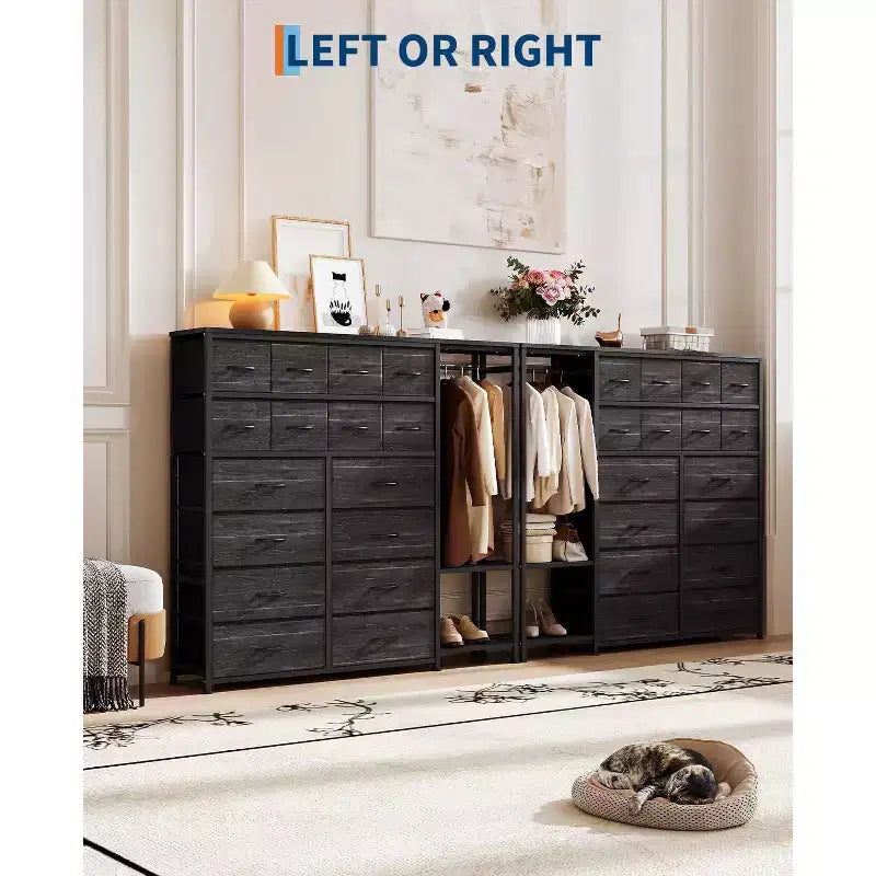 Dresser with 16 Drawers & Hanging Rod & Shelves, Fabric Storage Organizer for Bedroom, Closet, or Entryway