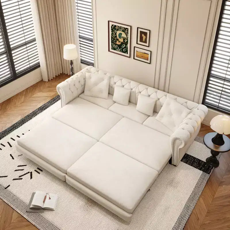 Canapé-lit gigogne 3-en-1 King Size Whisen Velvet et canapé convertible avec pouf mobile, design capitonné