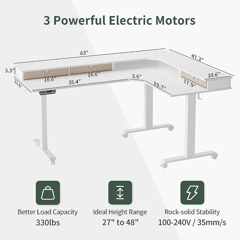 L-Shaped Electric Standing Desk with 3 Drawers & Lockable Casters, 63