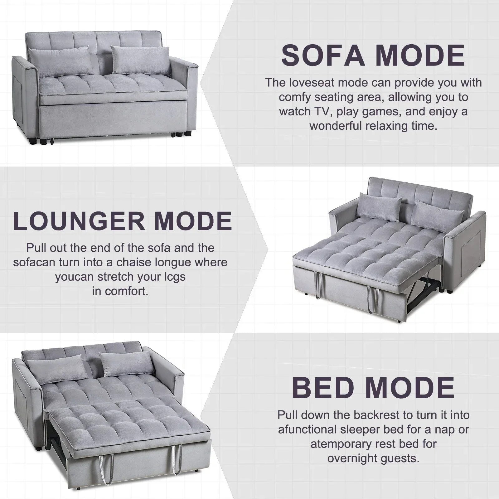 Modern Pull-Out Couch Bed, 3-in-1 Sleeper Sofa with Adjustable Backrest, Velvet Loveseat, Pillows & Side Pockets