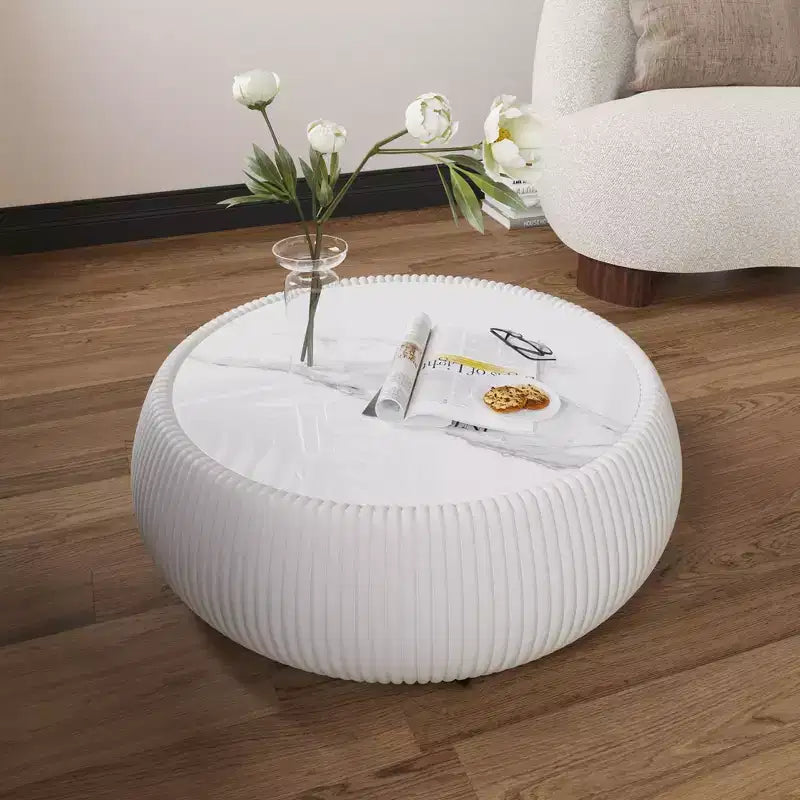 Okak Modern Round Drum Shape Coffee Table with Marble Top & Leather Side,Fashionable Center Table for Living Room,Bedroom