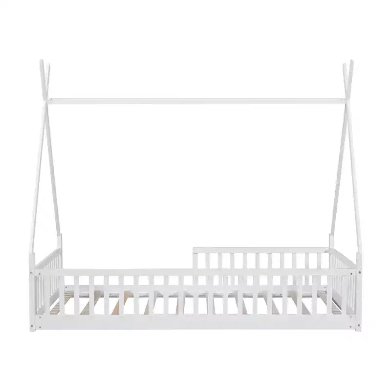 Floor Bed for Kids, Twin Size Tent Beds, Montessori Floor Bed with Slats and Fence Rails, Wood House Bed Frame for Boys Girls