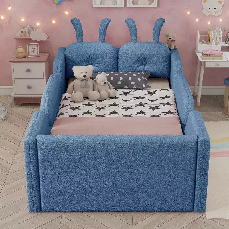 Whisen Twin Platform Bed, Kids Floor Upholstered Bed Frame with Rabbit Cushion, Removable Side Rails