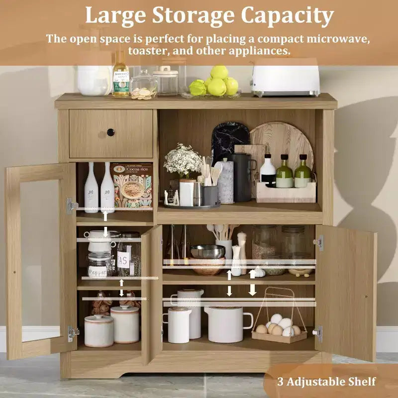 Kitchen Microwave Cabinets with Storage,with 3 Doors,1 Drawer and Adjustable Shelves, Pantry Storage Cabinet