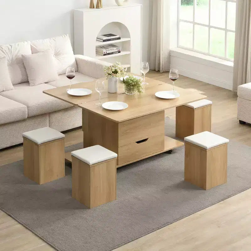 Multi-Function Modern Lift-Top Coffee Table with Hidden Storage, 4 Stools and Casters, Perfect for Modern Living Spaces