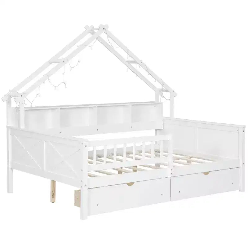 Full Size House Bed Frame with Drawers, House Platform Bed with LED Lights, Storage Shelves & Drawers, Wood Daybed with Roof and Guardrail