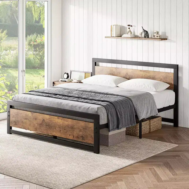 Heavy Duty Bed Frame with Headboard and Footboard, Metal Platform with 13.8 Storage, Noise Free & Tool-Free Assembly, Vintage Brown