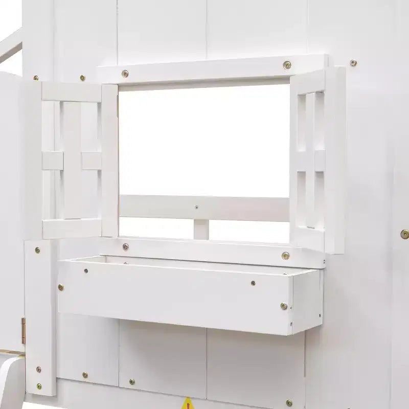 Twin Size House-Shaped Loft Bed, Wood Playhouse Loft Bed with Ladder & Guardrails for Kids