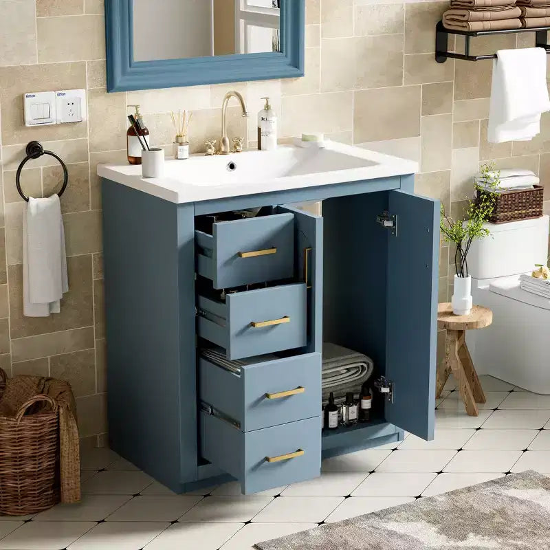 Meuble-lavabo de salle de bain à évier simple de 76 cm avec armoire et 3 tiroirs – Noir / Bleu / Vert / Indigo / Blanc