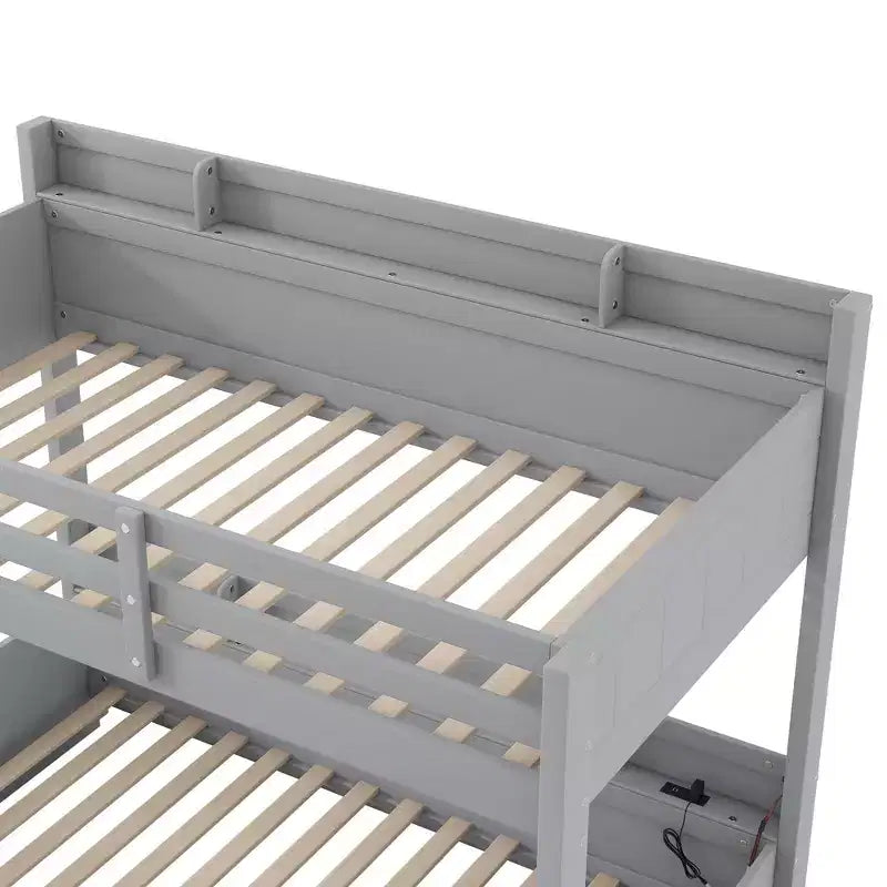 Twin over Full Bunk Bed with Storage, LED Lights & Charging Station, Wood Bunked Bed Beside Shelves for Kids & Teens
