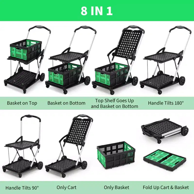 2 Tier Folding Shopping Carts for Groceries, 198 LB Capacity, Collapsible Portable Grocery Cart with Wheels & Removable Crate for Mall Market, Blue