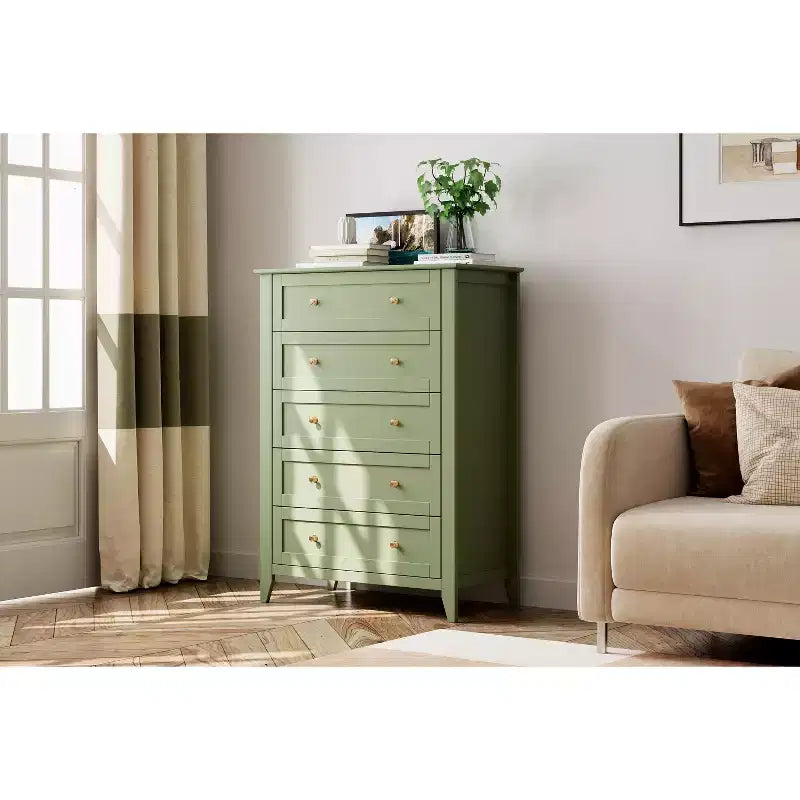 5-Drawer 42.5-Inch Tall Dresser for Bedroom, Wooden Storage Cabinet with 11.9-Inch Deep Drawers & Gold Metal Knobs, Ideal for Entryway, or Hallway