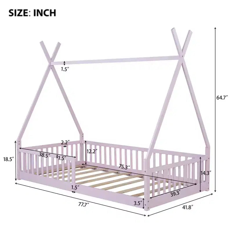 Floor Bed for Kids, Twin Size Tent Beds, Montessori Floor Bed with Slats and Fence Rails, Wood House Bed Frame for Boys Girls