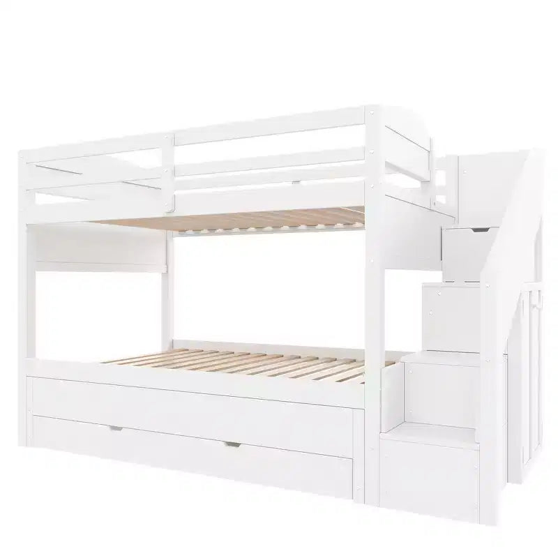 Lit superposé Whisen Twin XL avec lit gigogne, lit superposé avec rangement, lit superposé en bois massif, escalier de rangement, armoire, 3 tiroirs, pour enfants