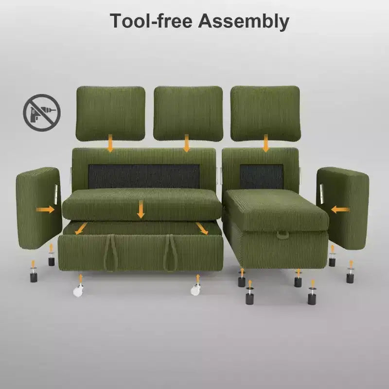 Dyonery 2 in 1 Pull Out Sleeper Sofa with Storage Chaise C Corduroy Sectional Couch with USB Ports for Living Room