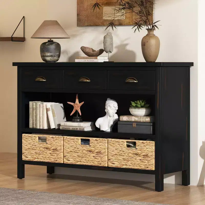 Entryway Console Table with Storage, Farmhouse Hallway Table with 3 Drawers and 3 Water Hyacinth Baskets for Living Room or Foyer - Panipeachy