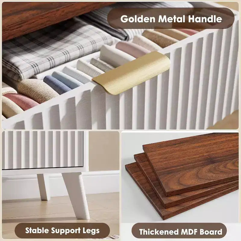 9 Drawers Fluted Dresser, Modern Chest, Wooden Dresser TV Stand, Curved Profile Design, for Living Room, Hallway