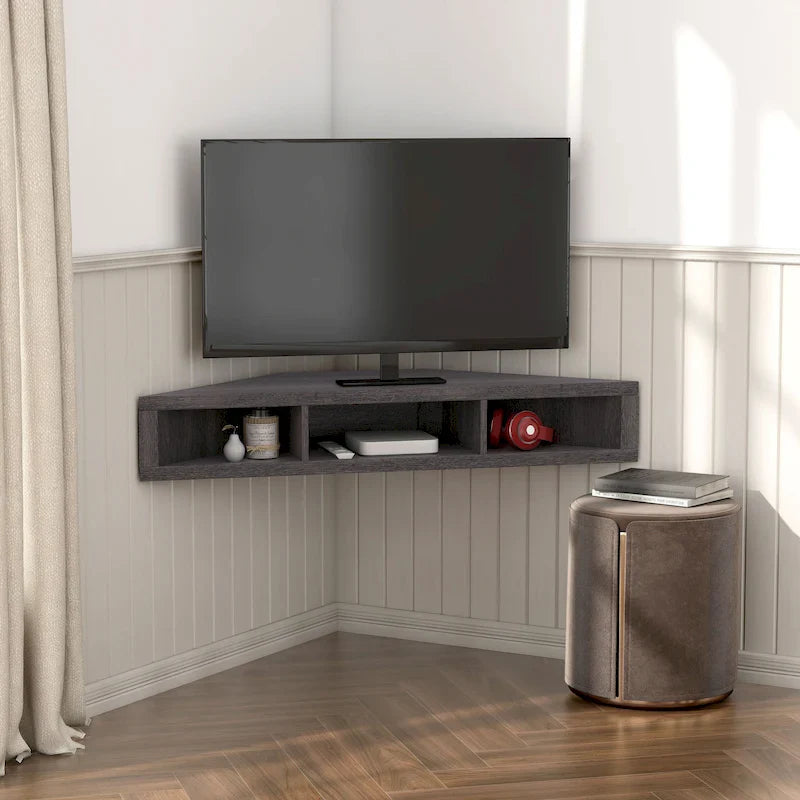 Meuble TV mural flottant d'angle de 47 po, 3 étagères, style transitionnel, gain de place