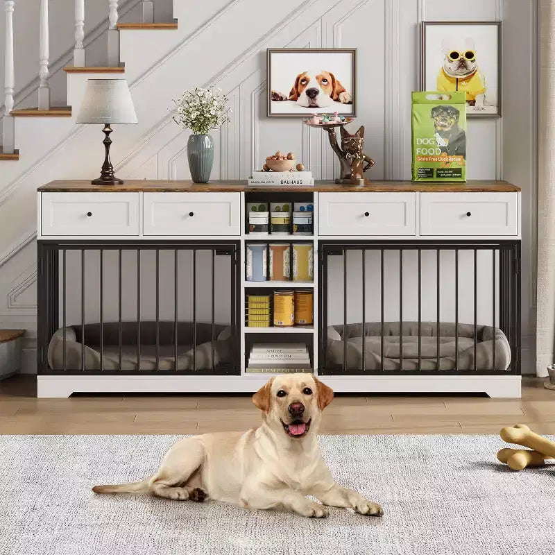 82 Double Dog Crate Furniture, Large Dog Kennel Indoor for 2 Dogs, Heavy Duty Wooden Dog Crate TV Stand with 4 Drawers and Shelves