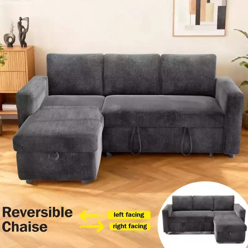 2-in-1 Pull Out Sleeper Sofa with Storage Chaise, Chenille Sectional Couch with USB Ports for Living Room