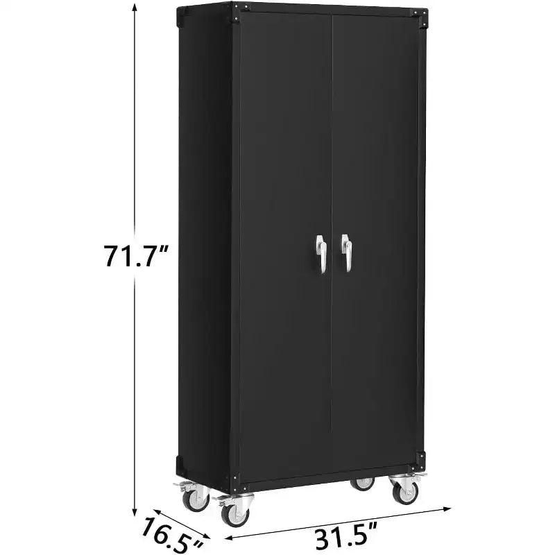 Armoire de rangement de garage avec roues et panneau perforé, armoire de rangement métallique verrouillable de 72 po de hauteur avec 2 portes et 4 étagères réglables pour atelier de garage