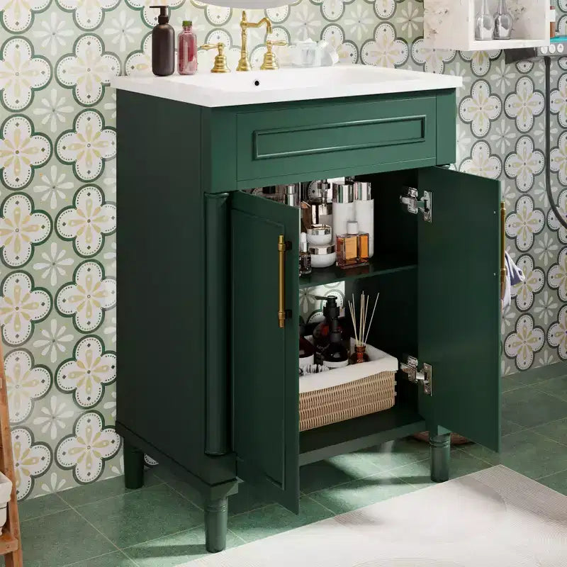 24 Bathroom Vanity with Ceramic Sink, Shaker Cabinet, 2 Soft-Close Doors, Solid Wood Frame for Small Bathroom or Powder Room