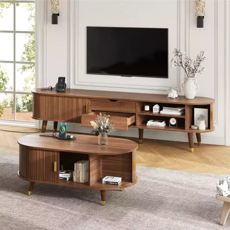 CLIHOME Wooden Farmhouse TV Stand & Coffee Table Set with Charging Station, Oval Fluted Media Console for TVs up to 80