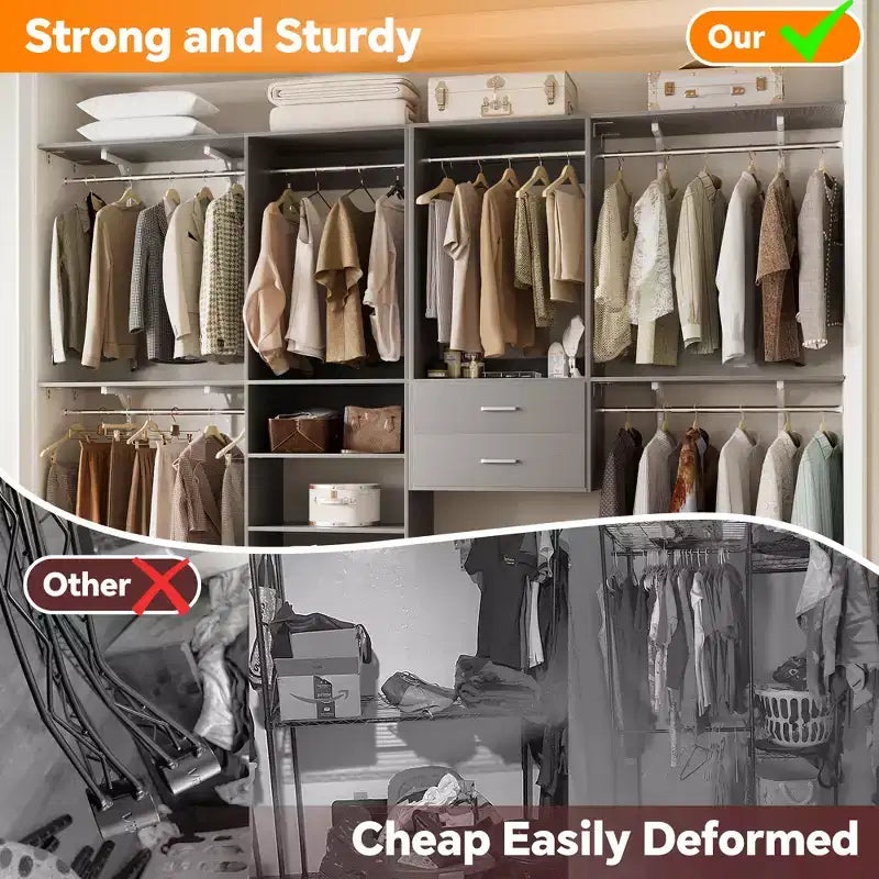 Freestanding Closet System with 8 Hannging Rods and Drawers, Hanging Closet Organizer with 10 Shelves