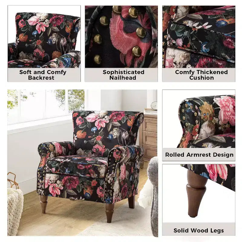 Araceli Traditional Wooden Upholstered Floral Armchair with Wingback and Nailhead Trim| ART OF LIVING DESIGNS
