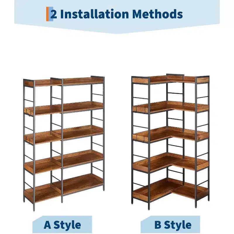 5-Tier L-Shape Corner Bookshelf  65 Industrial Wood & Metal Bookcase (Rustic Brown)  Reversible Storage for Living Room, Bedroom & Home Office