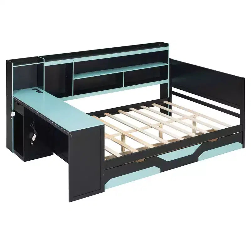 Full/Queen Gaming Daybed with Bookcase Headboard, LED Lights, Integrated Desk, Drawers and Charging Station