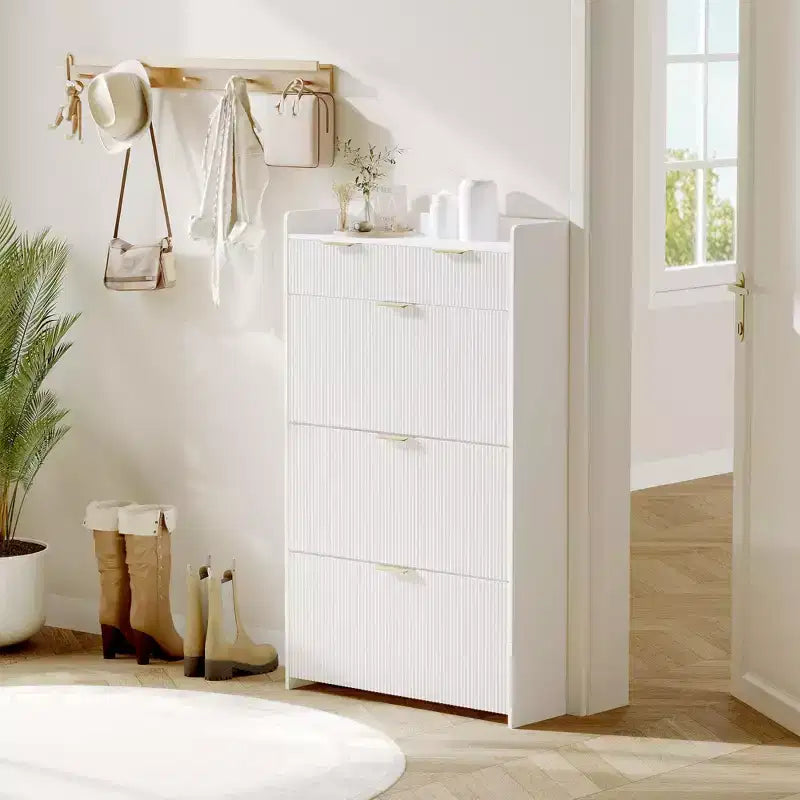 Modern White Shoe Cabinet with 3 Flip Drawers & 2 Small Drawers & Hook, Slim Fluted Shoe Storage Organizer, Narrow Entryway Cabinet