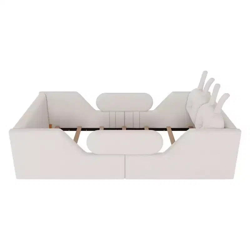 Whisen Twin Platform Bed, Kids Floor Upholstered Bed Frame with Rabbit Cushion, Removable Side Rails