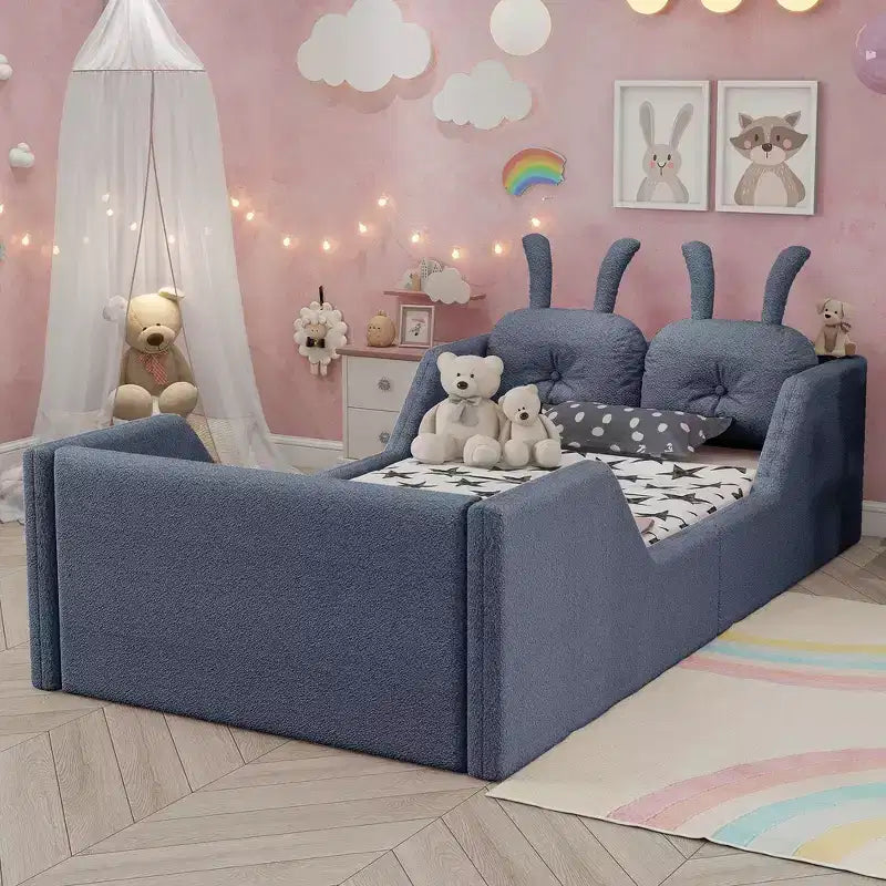 Whisen Twin Platform Bed, Kids Floor Upholstered Bed Frame with Rabbit Cushion, Removable Side Rails
