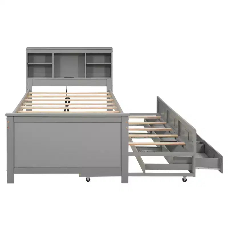 Platform Bed with Trundle and Drawers, Storage Platform Bed with USB, Wood Platform Bed with Bookcase