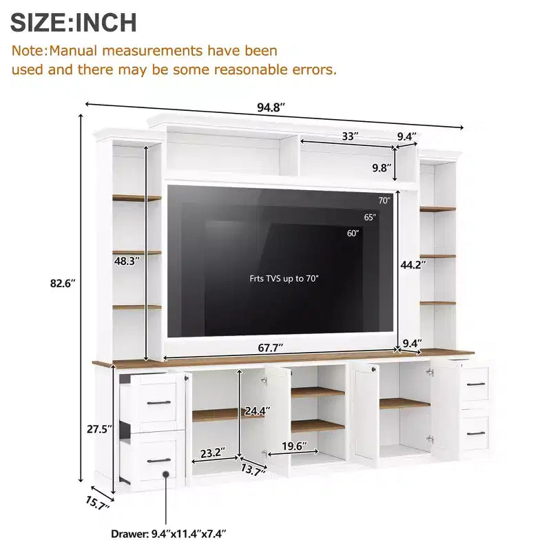 Meuble TV mural 4-en-1 ModernLuxe de style campagnard, convient aux téléviseurs jusqu'à 70 pouces, meuble TV console multimédia avec étagères réglables et tiroirs