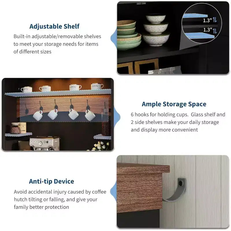 72 Tall Farmhouse Style Coffee Bar Cabinet with LED Lights, Kitchen Buffet Featuring Doors and Drawer, Adjustable Shelves, Spacious Storage