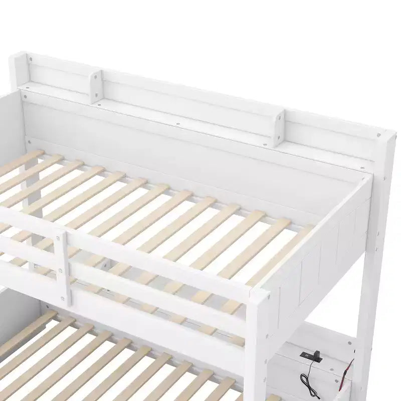 Twin over Full Bunk Bed with Storage, LED Lights & Charging Station, Wood Bunked Bed Beside Shelves for Kids & Teens